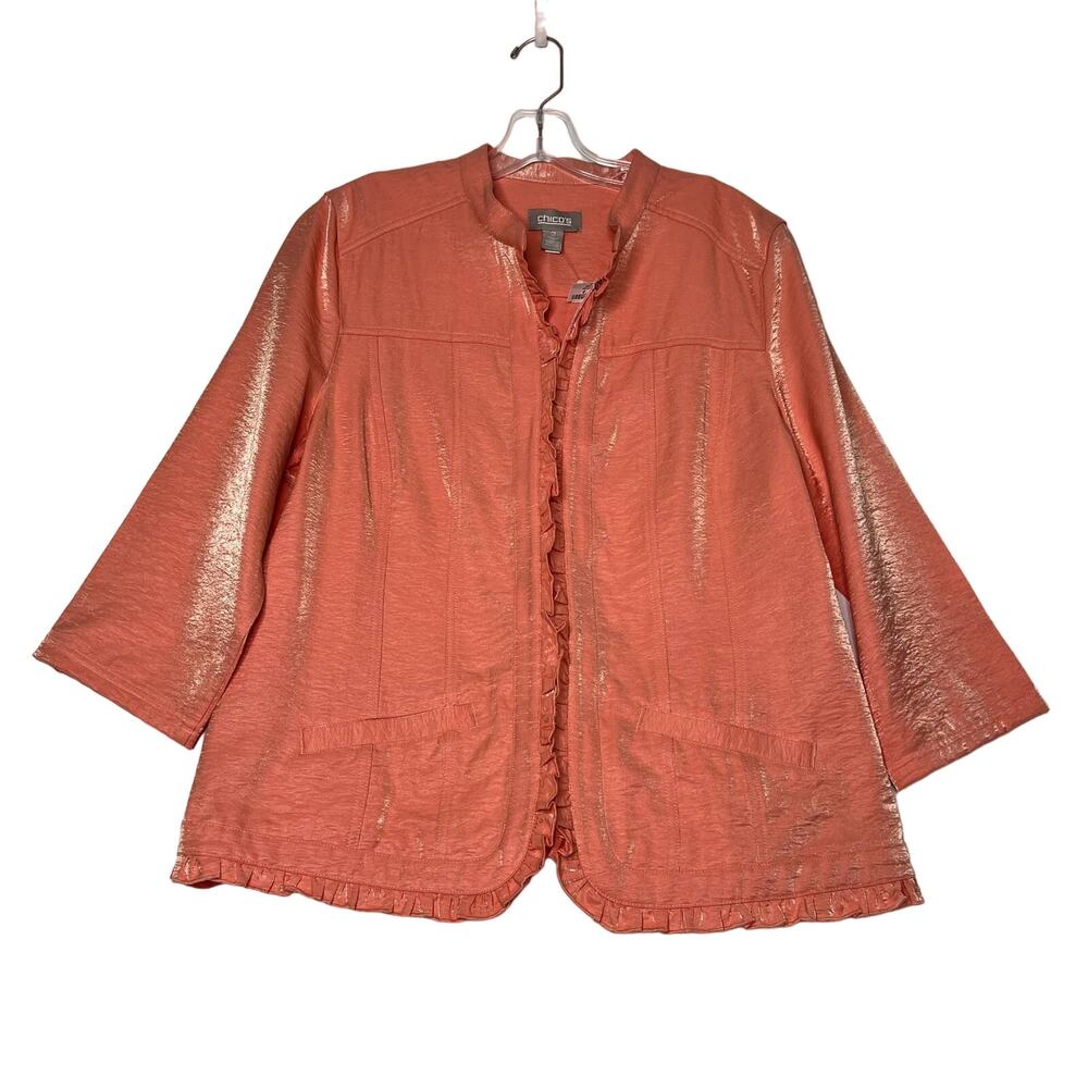 Chicos 3/4 Sleeve Ruffle Trim Jacket Coral Peach Womens 2 Large Lightweight